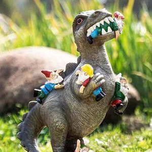 Tan T-Rex Battling Garden Gnomes Figurine